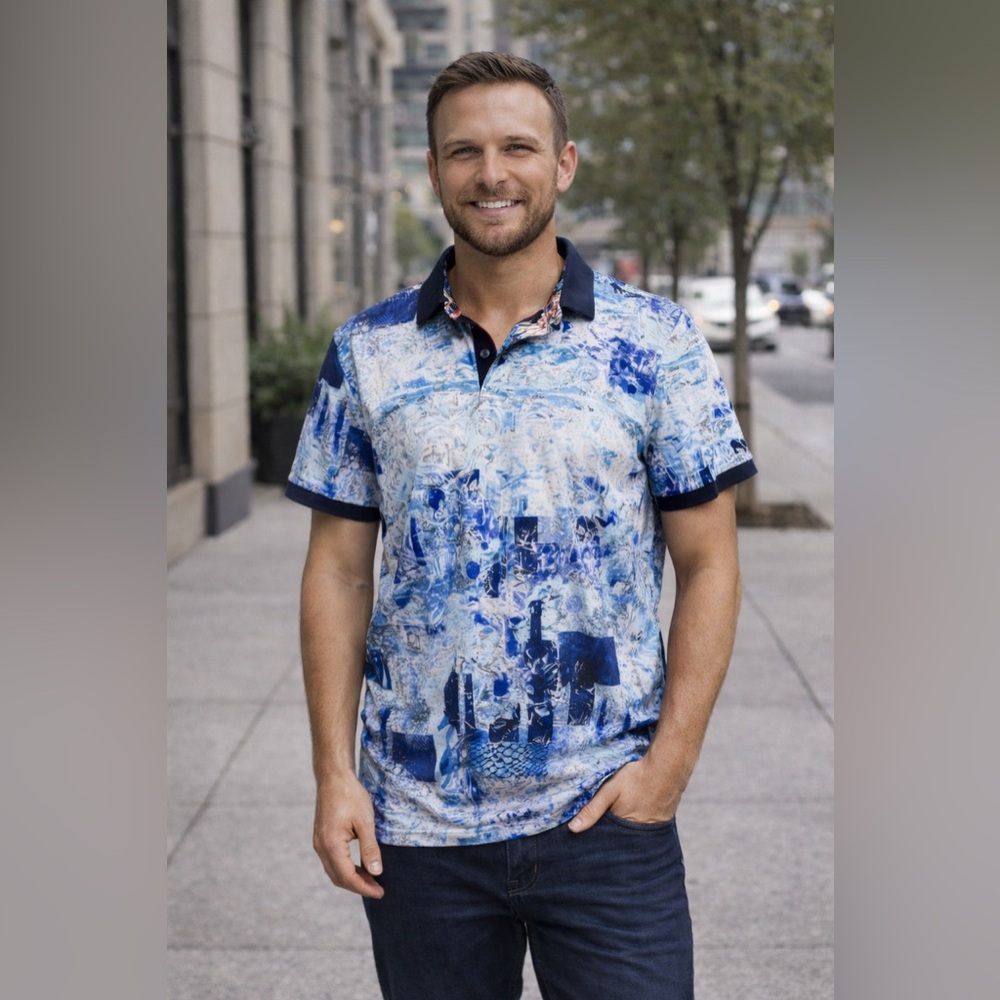 Au Noir Mens Blue Abstract Polo Size L Designer Short Sleeve NWOT